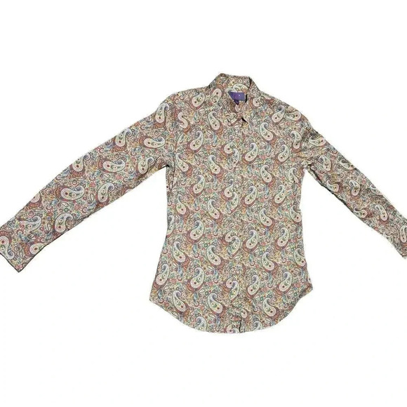 J. Crew Blouse Size 0 Womens Green paisley Slim Perfect Shirt Liberty Button Up - Picture 3 of 9